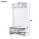 All in One Hall Tree with 3 Top Shelves and 2 Flip Shoe Storage Drawers, Wood Hallway Organizer with Storage Bench and Metal Hanging Hooks, White All in One Hall Tree with 3 Top Shelves and 2 Flip Shoe Storage Drawers, Wood Hallway Organizer with Storage Bench and Metal Hanging Hooks, White