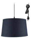 16"W 1 Light Swag Plug-In Pendant  Shallow Drum Textured Slate Blue Shade Black Cord 16"W 1 Light Swag Plug-In Pendant  Shallow Drum Textured Slate Blue Shade Black Cord