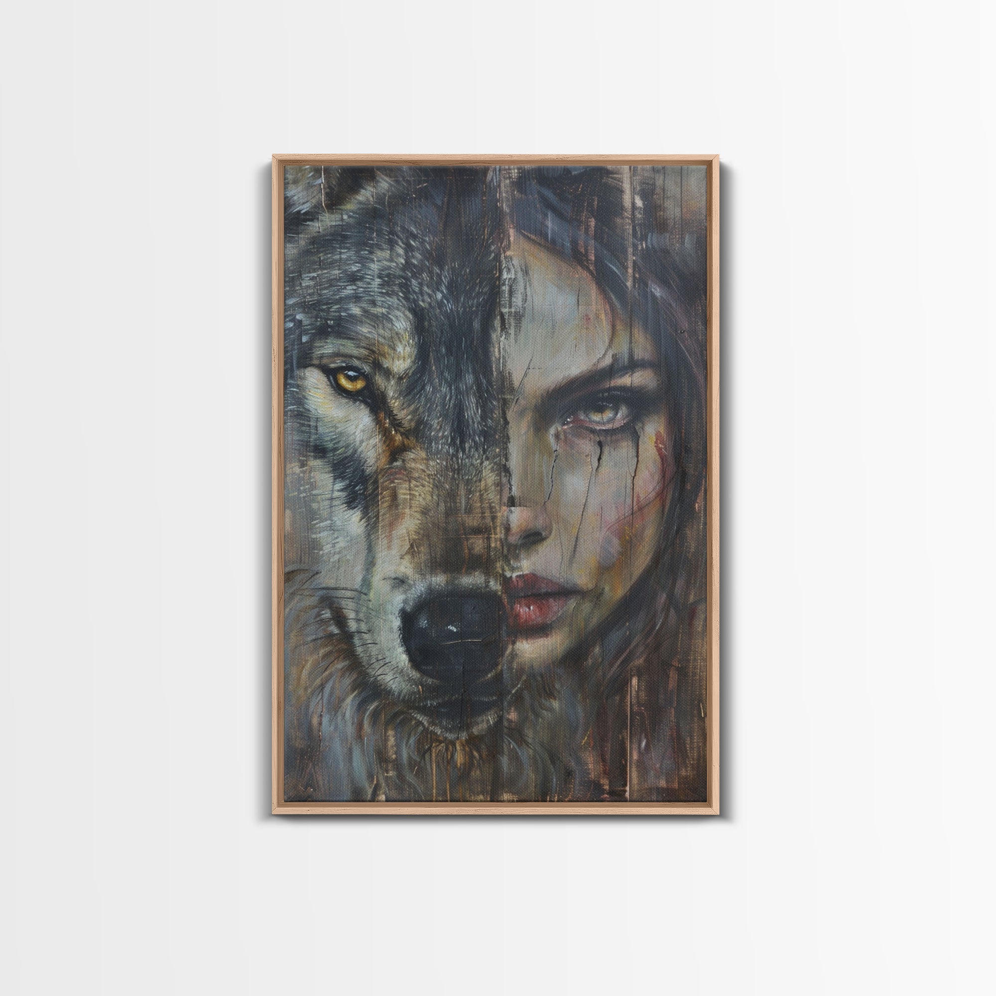 Half Witch Half Wolf, Double Exposure, Unique Halloween Art Framed