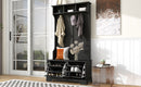 All in One Hall Tree with 3 Top Shelves and 2 Flip Shoe Storage Drawers, Wood Hallway Organizer with Storage Bench and Metal Hanging Hooks, Black All in One Hall Tree with 3 Top Shelves and 2 Flip Shoe Storage Drawers, Wood Hallway Organizer with Storage Bench and Metal Hanging Hooks, Black