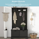 All in One Hall Tree with 3 Top Shelves and 2 Flip Shoe Storage Drawers, Wood Hallway Organizer with Storage Bench and Metal Hanging Hooks, Black All in One Hall Tree with 3 Top Shelves and 2 Flip Shoe Storage Drawers, Wood Hallway Organizer with Storage Bench and Metal Hanging Hooks, Black