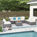 All-Weather 7-Piece Gray PE Wicker Patio Conversation Set with Beige Cushions and coffee table All-Weather 7-Piece Gray PE Wicker Patio Conversation Set with Beige Cushions and coffee table