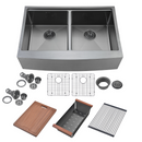 Zeek 33" Farmhouse Workstation Double Bowl Gunmetal Matte Black Kitchen Sink With Accessories PVD Nano Tech Coating ENZO ZA-B552 Zeek 33" Farmhouse Workstation Double Bowl Gunmetal Matte Black Kitchen Sink With Accessories PVD Nano Tech Coating ENZO ZA-B552
