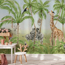 Safari Animals Wall Mural - Giraffe, Zebras, Elephant and Tiger Safari Animals Wall Mural - Giraffe, Zebras, Elephant and Tiger