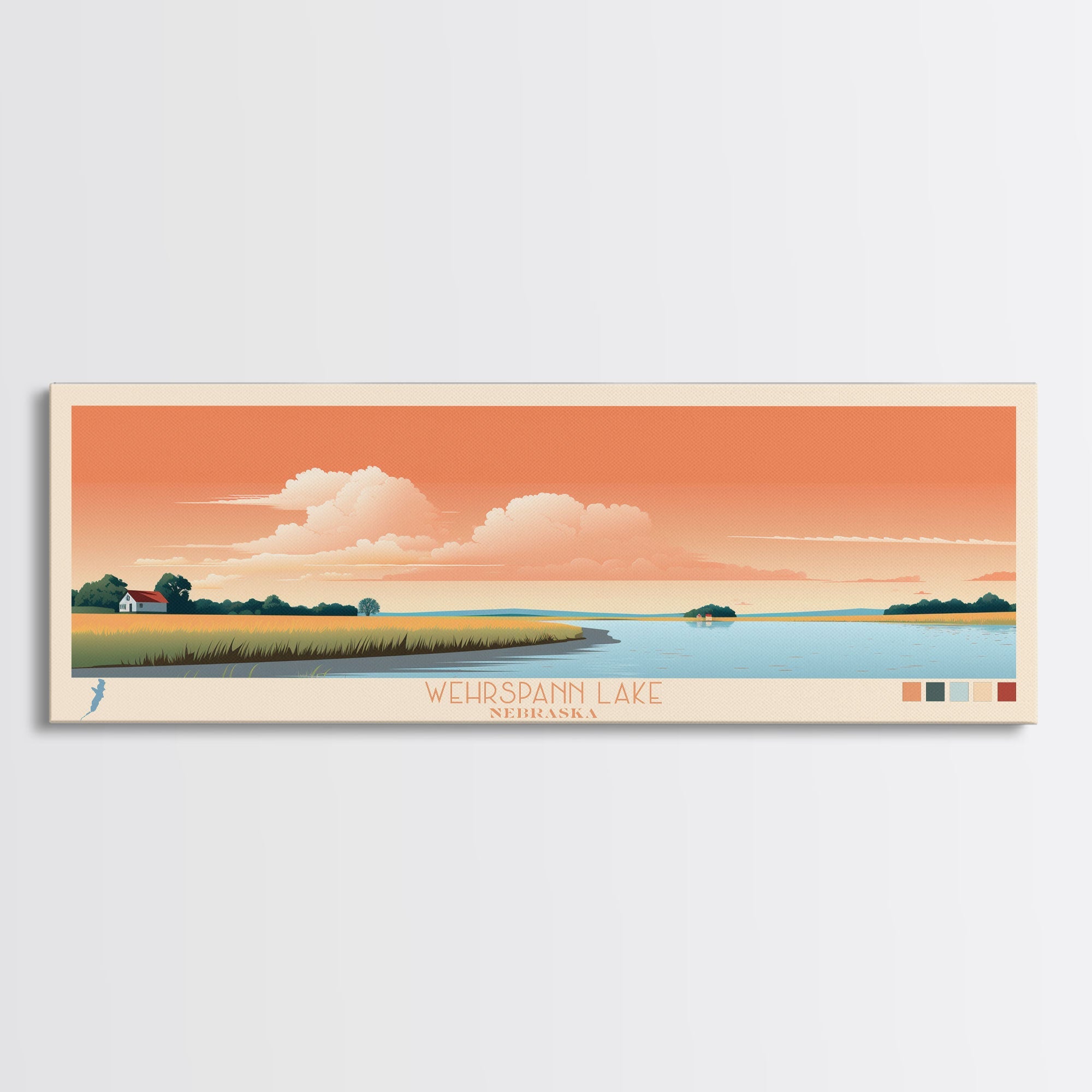 Wehrspann Lake, Nebraska Panoramic Framed Canvas Print, Midcentury Mod