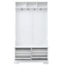 All in One Hall Tree with 3 Top Shelves and 2 Flip Shoe Storage Drawers, Wood Hallway Organizer with Storage Bench and Metal Hanging Hooks, White All in One Hall Tree with 3 Top Shelves and 2 Flip Shoe Storage Drawers, Wood Hallway Organizer with Storage Bench and Metal Hanging Hooks, White