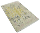 4x6 Fine Hand Knotted Gold, Gray and Ivory Modern Abstract Wool and SIlk Area Rug | AGR17 4x6 Fine Hand Knotted Gold, Gray and Ivory Modern Abstract Wool and SIlk Area Rug | AGR17