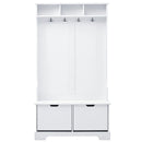 All in One Hall Tree with 3 Top Shelves and 2 Flip Shoe Storage Drawers, Wood Hallway Organizer with Storage Bench and Metal Hanging Hooks, White All in One Hall Tree with 3 Top Shelves and 2 Flip Shoe Storage Drawers, Wood Hallway Organizer with Storage Bench and Metal Hanging Hooks, White