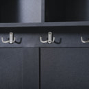 All in One Hall Tree with 3 Top Shelves and 2 Flip Shoe Storage Drawers, Wood Hallway Organizer with Storage Bench and Metal Hanging Hooks, Black All in One Hall Tree with 3 Top Shelves and 2 Flip Shoe Storage Drawers, Wood Hallway Organizer with Storage Bench and Metal Hanging Hooks, Black