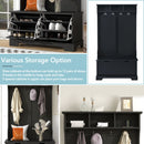 All in One Hall Tree with 3 Top Shelves and 2 Flip Shoe Storage Drawers, Wood Hallway Organizer with Storage Bench and Metal Hanging Hooks, Black All in One Hall Tree with 3 Top Shelves and 2 Flip Shoe Storage Drawers, Wood Hallway Organizer with Storage Bench and Metal Hanging Hooks, Black
