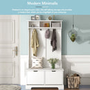 All in One Hall Tree with 3 Top Shelves and 2 Flip Shoe Storage Drawers, Wood Hallway Organizer with Storage Bench and Metal Hanging Hooks, White All in One Hall Tree with 3 Top Shelves and 2 Flip Shoe Storage Drawers, Wood Hallway Organizer with Storage Bench and Metal Hanging Hooks, White