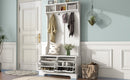 All in One Hall Tree with 3 Top Shelves and 2 Flip Shoe Storage Drawers, Wood Hallway Organizer with Storage Bench and Metal Hanging Hooks, White All in One Hall Tree with 3 Top Shelves and 2 Flip Shoe Storage Drawers, Wood Hallway Organizer with Storage Bench and Metal Hanging Hooks, White