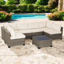 All-Weather 7-Piece Gray PE Wicker Patio Conversation Set with Beige Cushions and coffee table All-Weather 7-Piece Gray PE Wicker Patio Conversation Set with Beige Cushions and coffee table