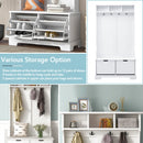 All in One Hall Tree with 3 Top Shelves and 2 Flip Shoe Storage Drawers, Wood Hallway Organizer with Storage Bench and Metal Hanging Hooks, White All in One Hall Tree with 3 Top Shelves and 2 Flip Shoe Storage Drawers, Wood Hallway Organizer with Storage Bench and Metal Hanging Hooks, White