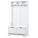 All in One Hall Tree with 3 Top Shelves and 2 Flip Shoe Storage Drawers, Wood Hallway Organizer with Storage Bench and Metal Hanging Hooks, White All in One Hall Tree with 3 Top Shelves and 2 Flip Shoe Storage Drawers, Wood Hallway Organizer with Storage Bench and Metal Hanging Hooks, White