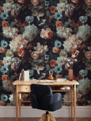 Moody Floral Wallpaper with Dark and Elegant Roses, Dahlias, and Anemones Moody Floral Wallpaper with Dark and Elegant Roses, Dahlias, and Anemones