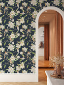Blooming Magnolia Flowers Wallpaper on Blue Background Blooming Magnolia Flowers Wallpaper on Blue Background