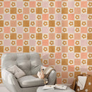 Retro Flower Checkered Wallpaper - Playful 60s Design in Warm Tones Retro Flower Checkered Wallpaper - Playful 60s Design in Warm Tones