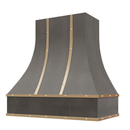 Stained Gray Range Hood With Curved Front, Brass Strapping and Buttons - 30", 36", 42", 48", 54" and 60" Widths Available Stained Gray Range Hood With Curved Front, Brass Strapping and Buttons - 30", 36", 42", 48", 54" and 60" Widths Available