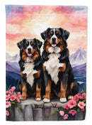 Bernese Mountain Dog Two Hearts Garden Flag β  Romantic Dog Pair with Sunset & Mountain Background Bernese Mountain Dog Two Hearts Garden Flag β  Romantic Dog Pair with Sunset & Mountain Background