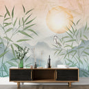 Heron and Bamboo Wallpaper Mural - Nature Scene with Mountains Heron and Bamboo Wallpaper Mural - Nature Scene with Mountains