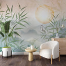 Heron and Bamboo Wallpaper Mural - Nature Scene with Mountains Heron and Bamboo Wallpaper Mural - Nature Scene with Mountains