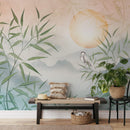 Heron and Bamboo Wallpaper Mural - Nature Scene with Mountains Heron and Bamboo Wallpaper Mural - Nature Scene with Mountains