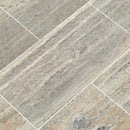 Silver travertine vein cut 12 x 24 honed filled floor and wall tile TTSILTRVC1224HF product shot multiple tiles angle view Silver travertine vein cut 12 x 24 honed filled floor and wall tile TTSILTRVC1224HF product shot multiple tiles angle view