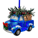 A Marvelous Blue Christmas Set of Four Glass Ornaments with Santa, Truck, Snow Cabin and Sleigh A Marvelous Blue Christmas Set of Four Glass Ornaments with Santa, Truck, Snow Cabin and Sleigh