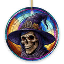 Witchy Grin Skull with Hat and Scarf Stained Glass Style Ceramic Ornament, Halloween Themed Christmas Gift and Decor Witchy Grin Skull with Hat and Scarf Stained Glass Style Ceramic Ornament, Halloween Themed Christmas Gift and Decor
