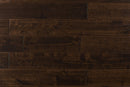 Close-up of Maple Distressed/Handscraped Solid Hardwood Flooring Planks, 3/4 x 5 inches, in a rich Walnut finish, showcasing its natural texture and warmth. Close-up of Maple Distressed/Handscraped Solid Hardwood Flooring Planks, 3/4 x 5 inches, in a rich Walnut finish, showcasing its natural texture and warmth.