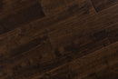Close-up of Maple Distressed/Handscraped Solid Hardwood Flooring Planks, 3/4 x 5 inches, in a rich Walnut finish, showcasing its natural texture and warmth. Close-up of Maple Distressed/Handscraped Solid Hardwood Flooring Planks, 3/4 x 5 inches, in a rich Walnut finish, showcasing its natural texture and warmth.