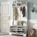 All in One Hall Tree with 3 Top Shelves and 2 Flip Shoe Storage Drawers, Wood Hallway Organizer with Storage Bench and Metal Hanging Hooks, White All in One Hall Tree with 3 Top Shelves and 2 Flip Shoe Storage Drawers, Wood Hallway Organizer with Storage Bench and Metal Hanging Hooks, White