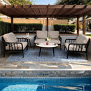 5-Piece Modern Patio Conversation Set with Plush Cushions, Marble-Look Coffee Table, & End Table 5-Piece Modern Patio Conversation Set with Plush Cushions, Marble-Look Coffee Table, & End Table