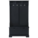 All in One Hall Tree with 3 Top Shelves and 2 Flip Shoe Storage Drawers, Wood Hallway Organizer with Storage Bench and Metal Hanging Hooks, Black All in One Hall Tree with 3 Top Shelves and 2 Flip Shoe Storage Drawers, Wood Hallway Organizer with Storage Bench and Metal Hanging Hooks, Black