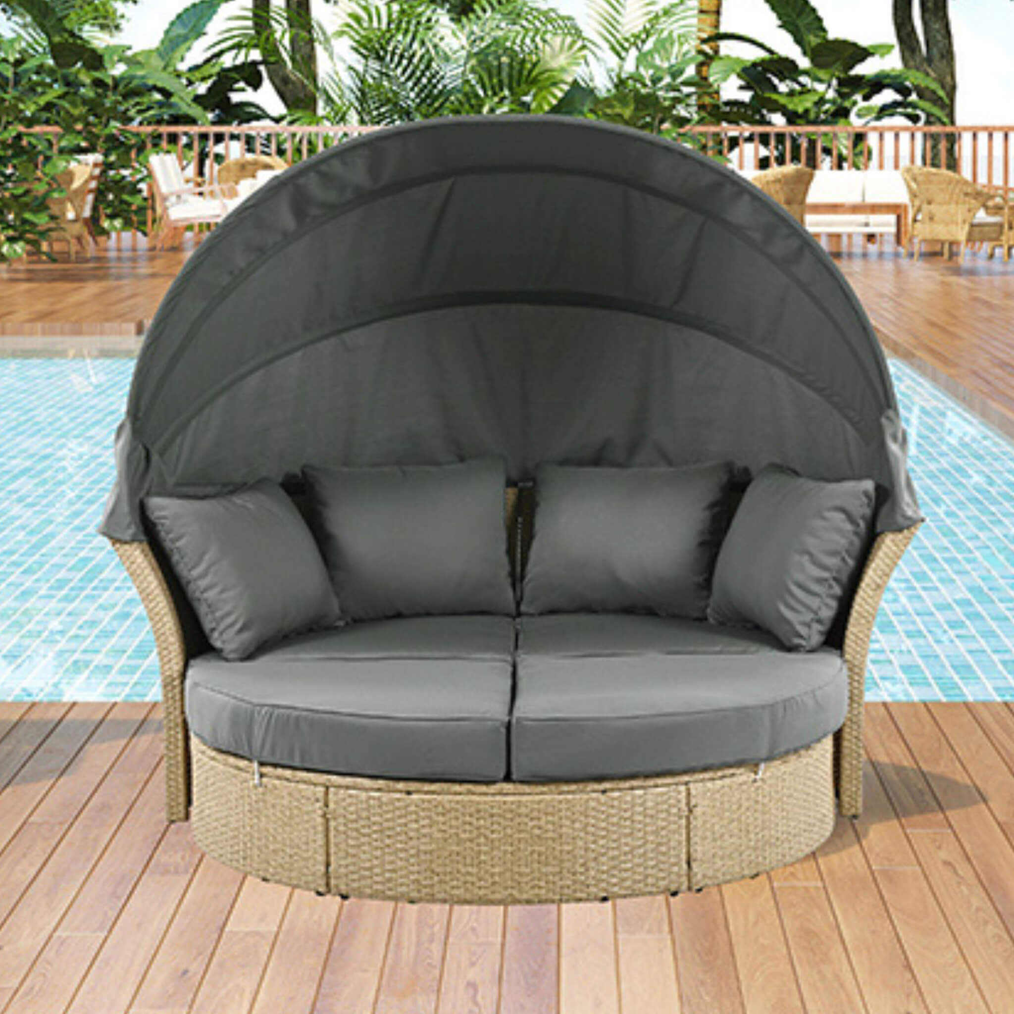 Alora Outdoor Rattan Patio Daybed With Adjustable Backrest, Canopy Roof, Storage Box And Cup Holders (SAK54220)