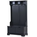 All in One Hall Tree with 3 Top Shelves and 2 Flip Shoe Storage Drawers, Wood Hallway Organizer with Storage Bench and Metal Hanging Hooks, Black All in One Hall Tree with 3 Top Shelves and 2 Flip Shoe Storage Drawers, Wood Hallway Organizer with Storage Bench and Metal Hanging Hooks, Black