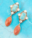 Champs Blue Turquoise and Orange Coral Post Drop Golden Earrings Champs Blue Turquoise and Orange Coral Post Drop Golden Earrings