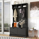All in One Hall Tree with 3 Top Shelves and 2 Flip Shoe Storage Drawers, Wood Hallway Organizer with Storage Bench and Metal Hanging Hooks, Black All in One Hall Tree with 3 Top Shelves and 2 Flip Shoe Storage Drawers, Wood Hallway Organizer with Storage Bench and Metal Hanging Hooks, Black