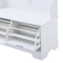 All in One Hall Tree with 3 Top Shelves and 2 Flip Shoe Storage Drawers, Wood Hallway Organizer with Storage Bench and Metal Hanging Hooks, White All in One Hall Tree with 3 Top Shelves and 2 Flip Shoe Storage Drawers, Wood Hallway Organizer with Storage Bench and Metal Hanging Hooks, White