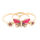 Pink Fuchsia Agate Golden Butterflies Triple Ring Set Pink Fuchsia Agate Golden Butterflies Triple Ring Set