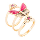 Pink Fuchsia Agate Golden Butterflies Triple Ring Set Pink Fuchsia Agate Golden Butterflies Triple Ring Set