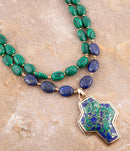 Green Malachite Azurite Cross Statement Golden Necklace Green Malachite Azurite Cross Statement Golden Necklace