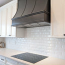 Black Wood Range Hood With Sloped Strapped Front and Decorative Trim - 30", 36", 42", 48", 54" and 60" Widths Available Black Wood Range Hood With Sloped Strapped Front and Decorative Trim - 30", 36", 42", 48", 54" and 60" Widths Available