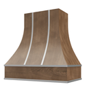 American Walnut Range Hood With Curved Front, Silver Strapping and Block Trim - 30", 36", 42", 48", 54" and 60" Widths Available American Walnut Range Hood With Curved Front, Silver Strapping and Block Trim - 30", 36", 42", 48", 54" and 60" Widths Available