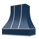 Navy Blue Range Hood With Curved Front, Silver Strapping and Block Trim - 30", 36", 42", 48", 54" and 60" Widths Available Navy Blue Range Hood With Curved Front, Silver Strapping and Block Trim - 30", 36", 42", 48", 54" and 60" Widths Available