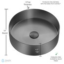 Zeek 14” Gunmetal Black Round Vessel Bathroom Sink Stainless Steel PVD Nano Tech Coating ZN-B144 Zeek 14” Gunmetal Black Round Vessel Bathroom Sink Stainless Steel PVD Nano Tech Coating ZN-B144