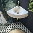 Light Beige Travertine Wall-Mount Corner Sink (W)15.7" (L)15.7" (H)4" Light Beige Travertine Wall-Mount Corner Sink (W)15.7" (L)15.7" (H)4"