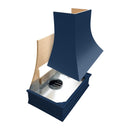 Navy Blue Wood Range Hood With Tapered Strapped Front and Block Trim - 30", 36", 42", 48", 54" and 60" Widths Available Navy Blue Wood Range Hood With Tapered Strapped Front and Block Trim - 30", 36", 42", 48", 54" and 60" Widths Available