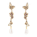Rhodonite and White Pearl Golden Butterflies Post Drop Earrings Rhodonite and White Pearl Golden Butterflies Post Drop Earrings